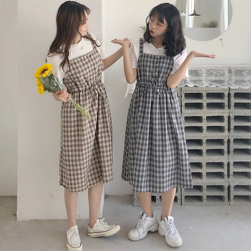 2023 Summer Spaghetti Strap Plaid Dress High Waist Sleeveless Long Women Dress Casual Loose Kawaii Dresses Lolita Sundress