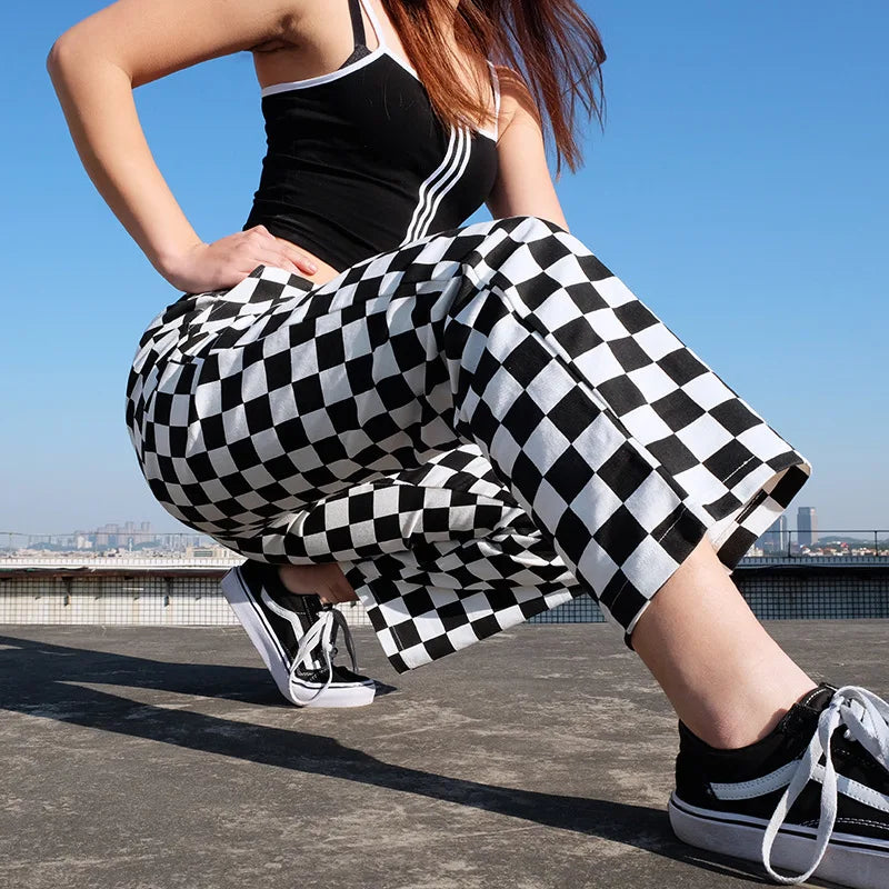 Punk Plaid Straight Wide Leg Pants Women Checkerboard Casual Loose Long Trousers Bottom Femme Sweatpants Hip hop Y2K Pantalon