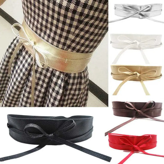 Female Belt Soft Leather Wide Self Bow Knot Tie Wrap Around Waist Band Dress Belt 9 Colors