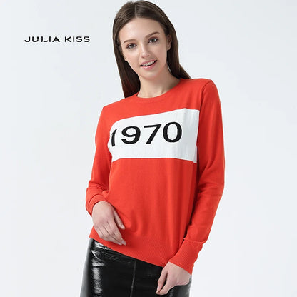 Women 1970 letter pullover Long Sleeve Sweater hot fashion star top Letter 1970 Knitting Tops