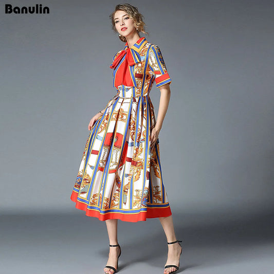 Banulin HIGH QUALITY 2020Newest Runway Designer Summer Dress Women's Short Sleeve Shirt Collar Stripe Printed Bow Midi Dress