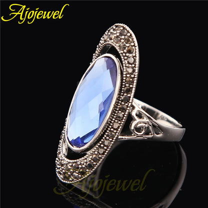 Ajojewel Women's Blue/Green Oval Crystal Ring Black CZ Vintage Finger Jewelry Wholesale Bague Femme Fashion Gift