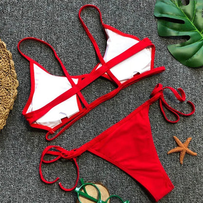 Hollowed Red Sexy Bikini Set Women String Swimsuit Push Up Swimwear 2024 Tied Thong Brazilian Bikini Bathing Suit Swim Wear