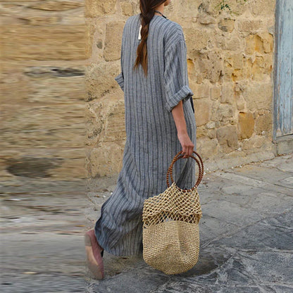 Womens Cotton Linen Dress Big size 5XL large size Kaftan Long Sleeve 2024 Summer Striped Women Large Size Long Maxi Boho Dresses