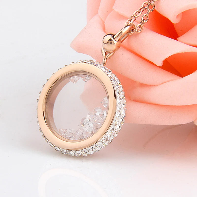 Rose Gold Color 316L Stainless Steel CZ Crystal Round Pendant Necklace Stainless Steel Fashion Jewelry