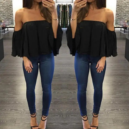 2022 Summer T-shirt Women Fashion Sexy Chiffon Off Shoulder Shirts Strapless Short Sleeve Beach Tops Tee Feminine 5XL