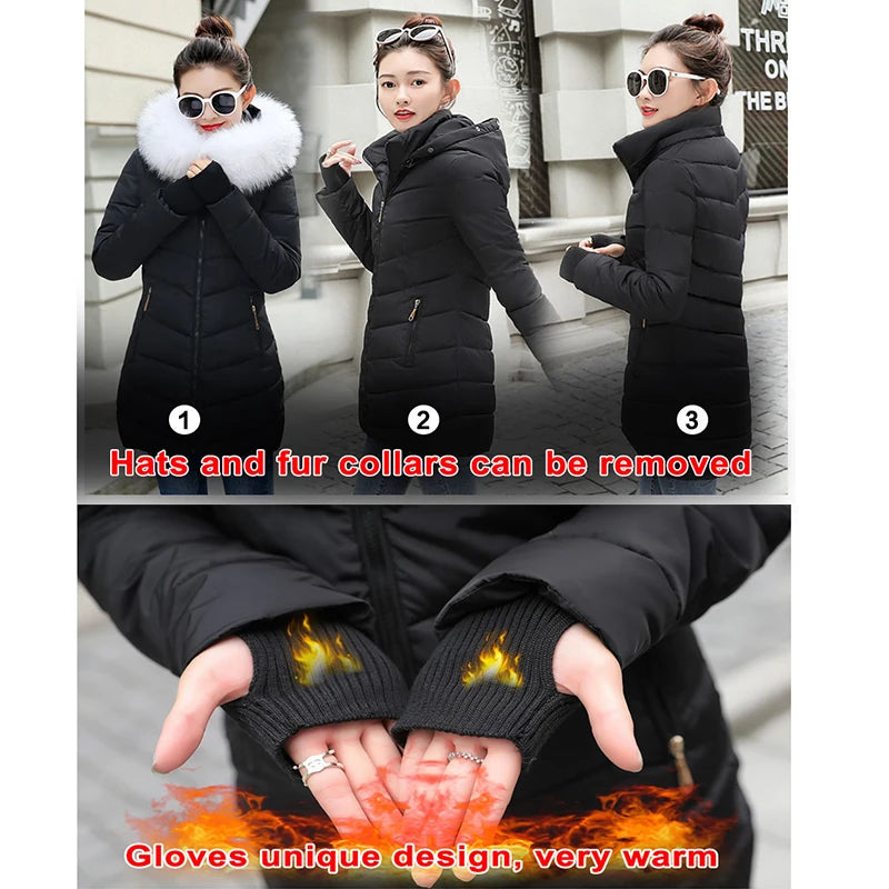 winter jacket women 2019 female coat Hooded Slim Outwear woman long parka Faux fox fur Cotton Padded abrigos mujer invierno