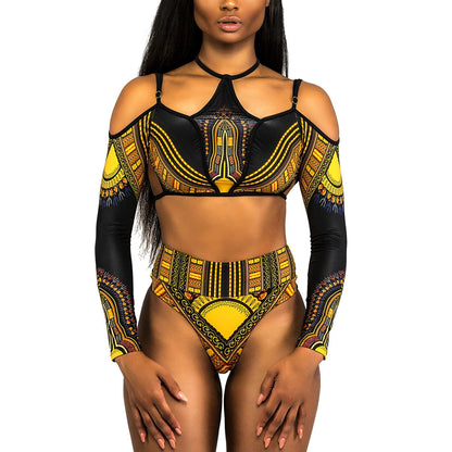 African Print High Waist Bikini Women Swimsuit Long Sleeve Swimwear Female Off Shoulder Two pieces Bikini set Bathing Suit Swim