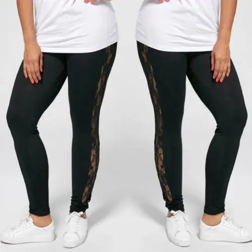 Sexy Womens Ladies Floral Lace Patchwork Side Panel Cut Out Black Empire Leggings Plus Size