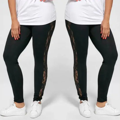 Sexy Womens Ladies Floral Lace Patchwork Side Panel Cut Out Black Empire Leggings Plus Size