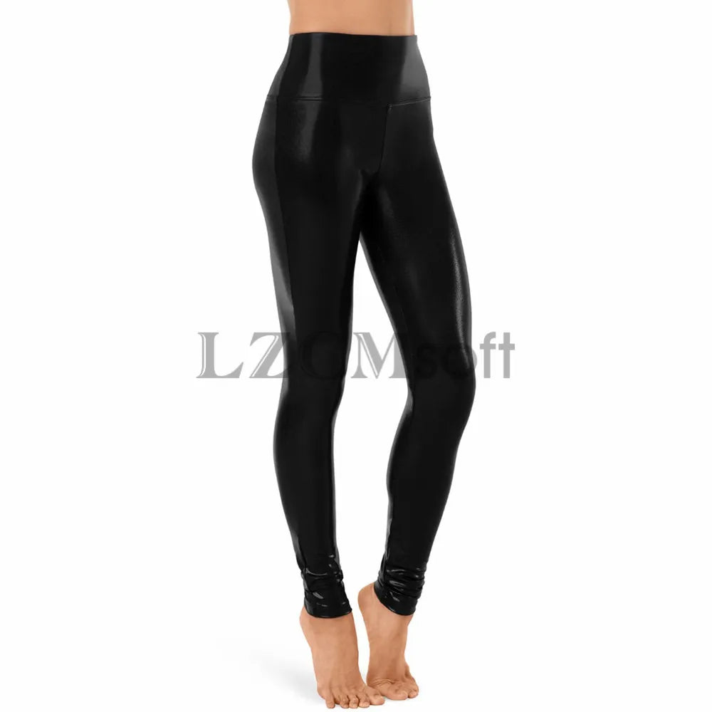 LZCMsoft Silver Women Shiny Metallic Dance Leggings High Waisted Full Length Pants Lycra Skin Pencil Trousers Stage Performance