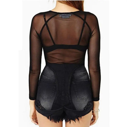 Hot New 2018 Spring Summer Womens Long Sleeve Sexy Black Mesh Top T Shirts Transparent Punk Club Streetwear Tees Beach Tops