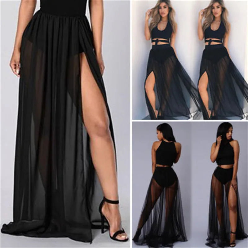 Lace Girls Summer Long Lace Skirt Women 2018 Mesh Voile Casual Skirts High Waist Bohemian Sexy Transparent Maxi Beach Skirt