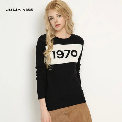 Women 1970 letter pullover Long Sleeve Sweater hot fashion star top Letter 1970 Knitting Tops