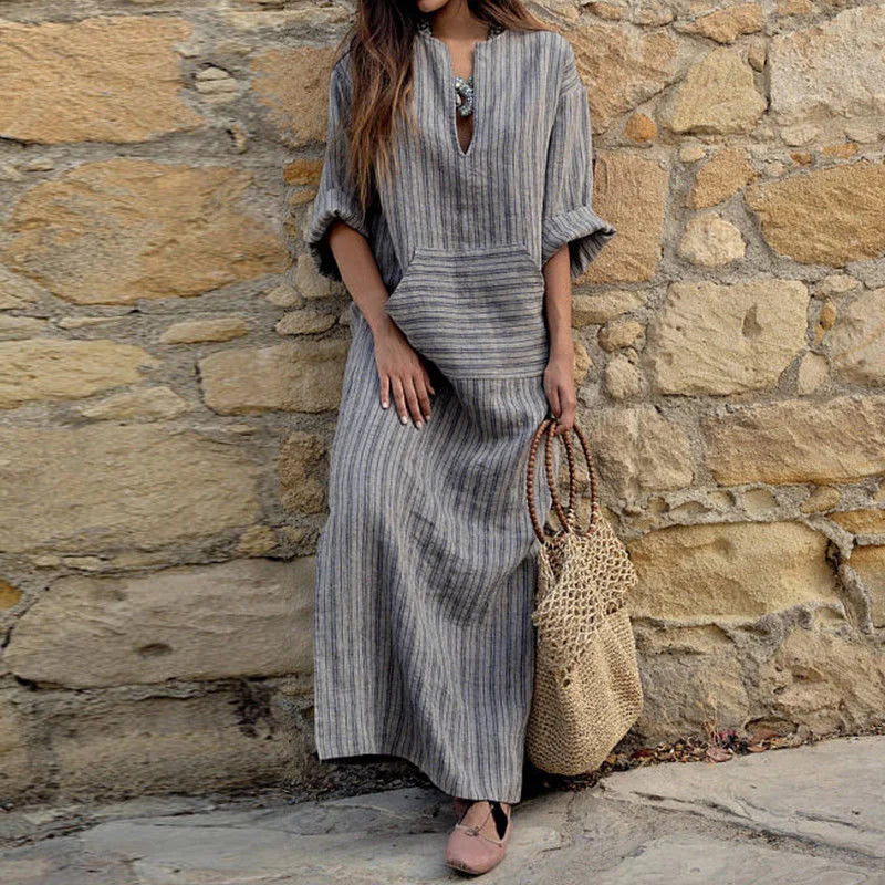 Womens Cotton Linen Dress Big size 5XL large size Kaftan Long Sleeve 2024 Summer Striped Women Large Size Long Maxi Boho Dresses