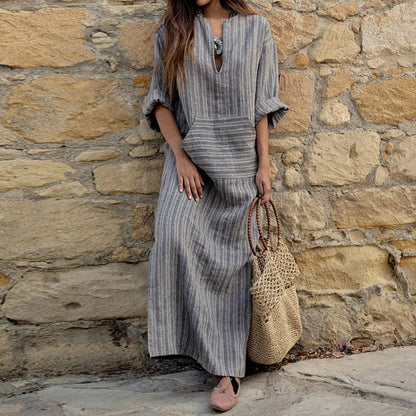 Womens Cotton Linen Dress Big size 5XL large size Kaftan Long Sleeve 2024 Summer Striped Women Large Size Long Maxi Boho Dresses