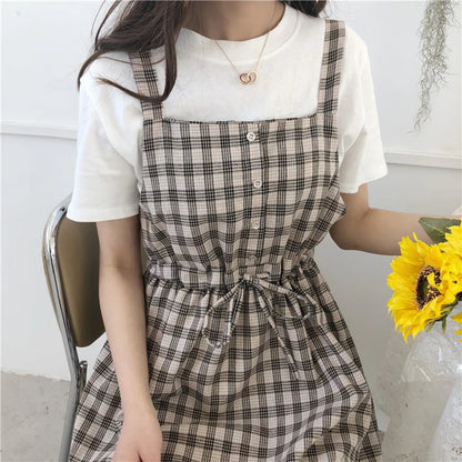 2023 Summer Spaghetti Strap Plaid Dress High Waist Sleeveless Long Women Dress Casual Loose Kawaii Dresses Lolita Sundress