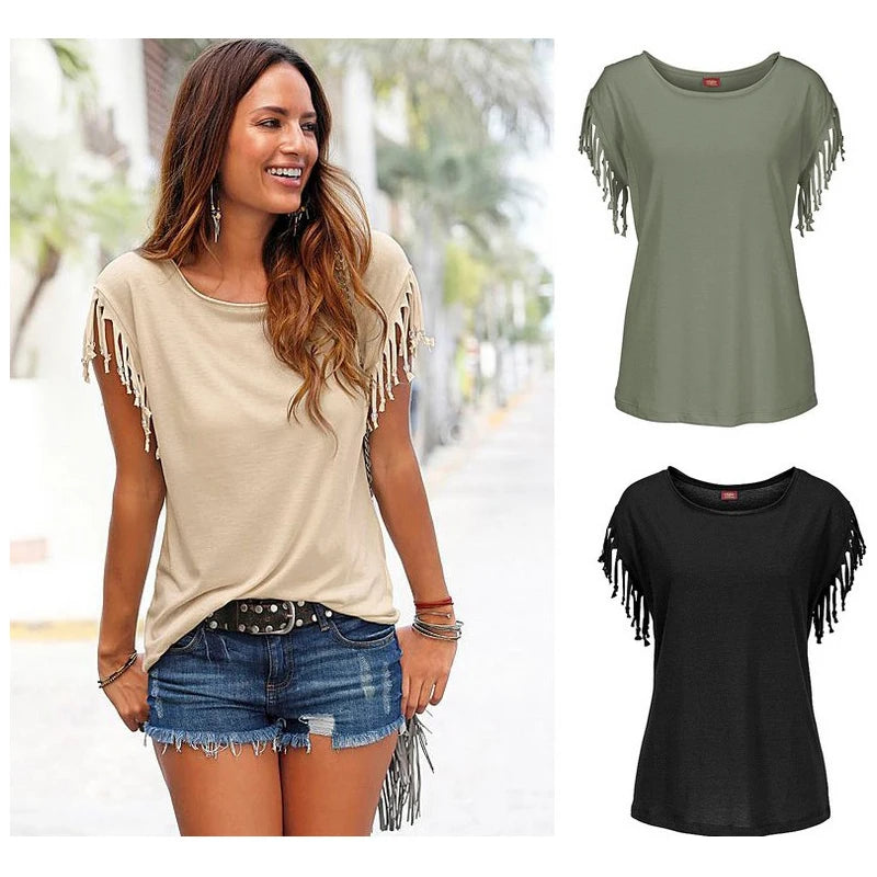 Wholesale Casual Stylish Women Batwing Sleeve T-Shirt O-Neck Tassel Khaqi/Green/Black Three Color Tops Tees S- 5XL On Sale