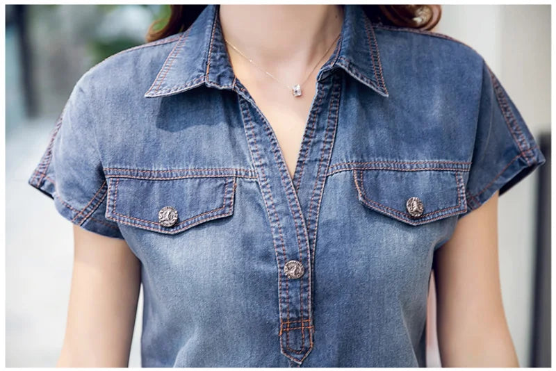 5XL 6XL 2023 Denim Dress Elegant Women Clothing Blue Jeans Shirt Dresses Ladies Office Loose Summer Dress Vestido Femininos Y67