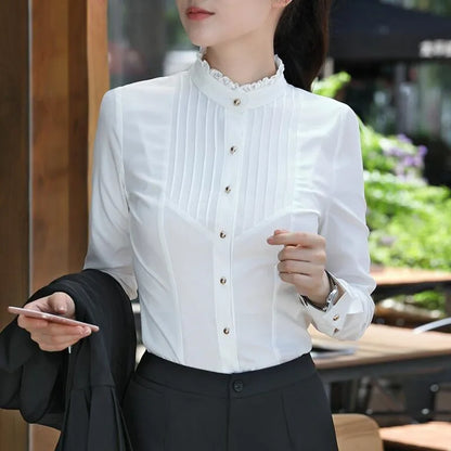 Spring Fashion Women Clothing Long Sleeve White Blouses Formal Slim Lace Stand Collar Chiffon Shirt Office Ladies Tops