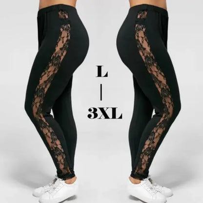 Sexy Womens Ladies Floral Lace Patchwork Side Panel Cut Out Black Empire Leggings Plus Size