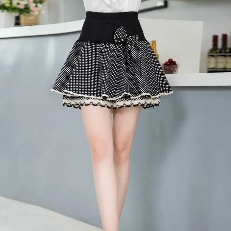 Zuolunouba Summer Slim Preppy Skirt Women Flower Bow Mini Tutu Style Elasticity Lace Skirts Shorts Lady High Waist Student