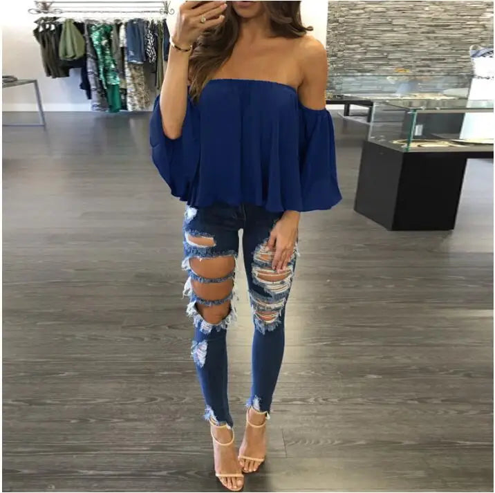 2022 Summer T-shirt Women Fashion Sexy Chiffon Off Shoulder Shirts Strapless Short Sleeve Beach Tops Tee Feminine 5XL