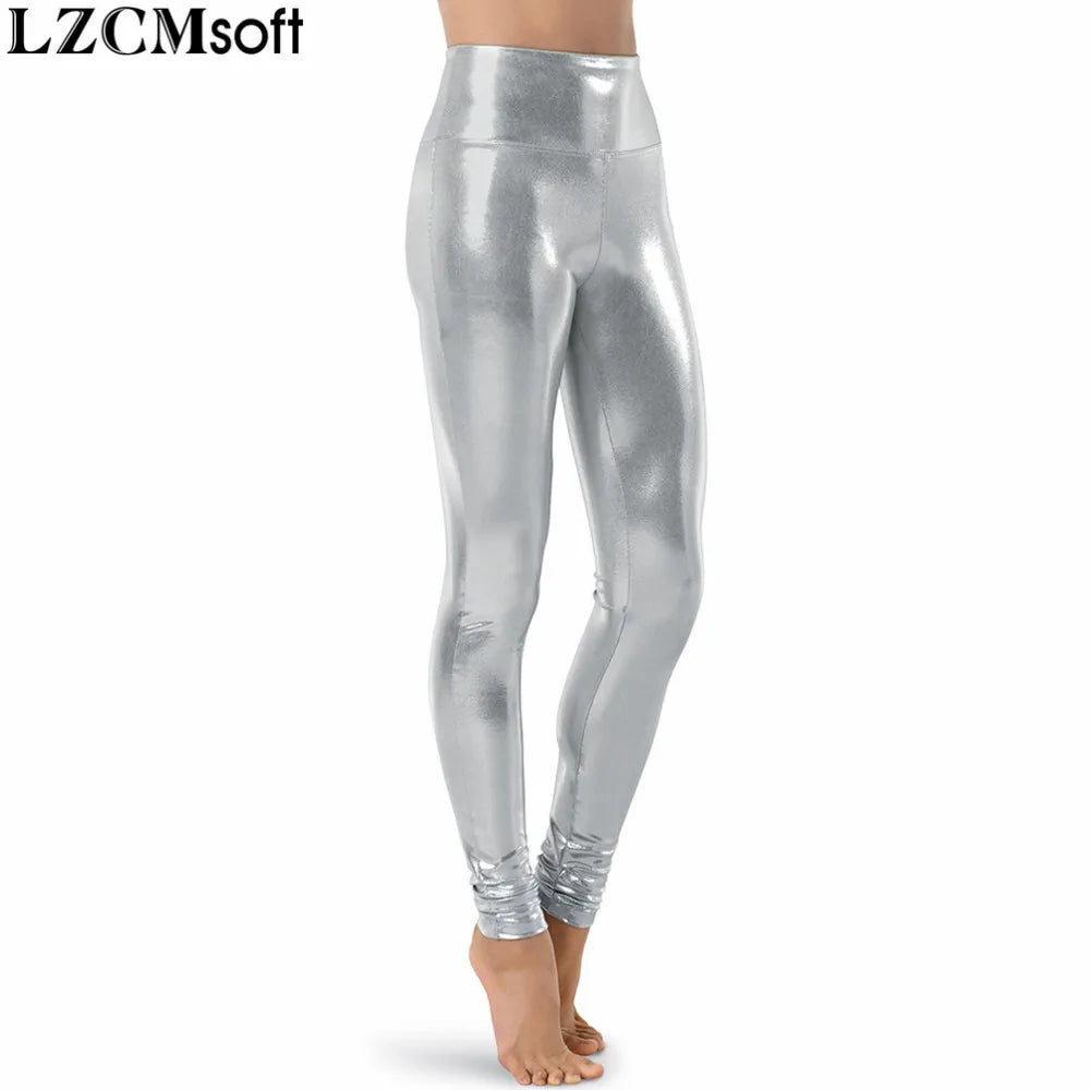 LZCMsoft Silver Women Shiny Metallic Dance Leggings High Waisted Full Length Pants Lycra Skin Pencil Trousers Stage Performance