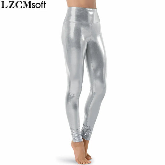 LZCMsoft Silver Women Shiny Metallic Dance Leggings High Waisted Full Length Pants Lycra Skin Pencil Trousers Stage Performance