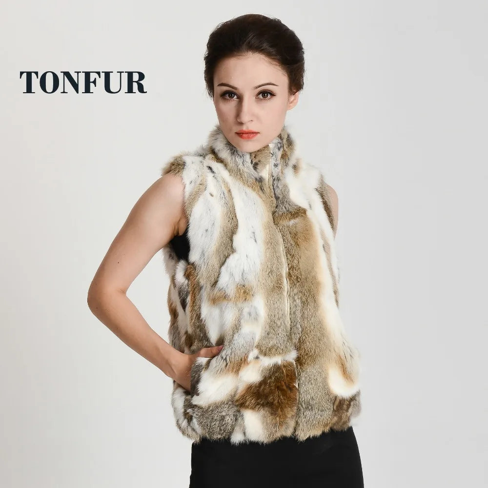 New Women Vintage Real Natural Rabbit Fur Vest with Zipper on Front Classical Style Factory Sale Female Dropshipping Gilet HP400