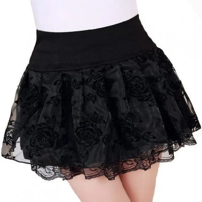 Zuolunouba Summer Slim Preppy Skirt Women Flower Bow Mini Tutu Style Elasticity Lace Skirts Shorts Lady High Waist Student