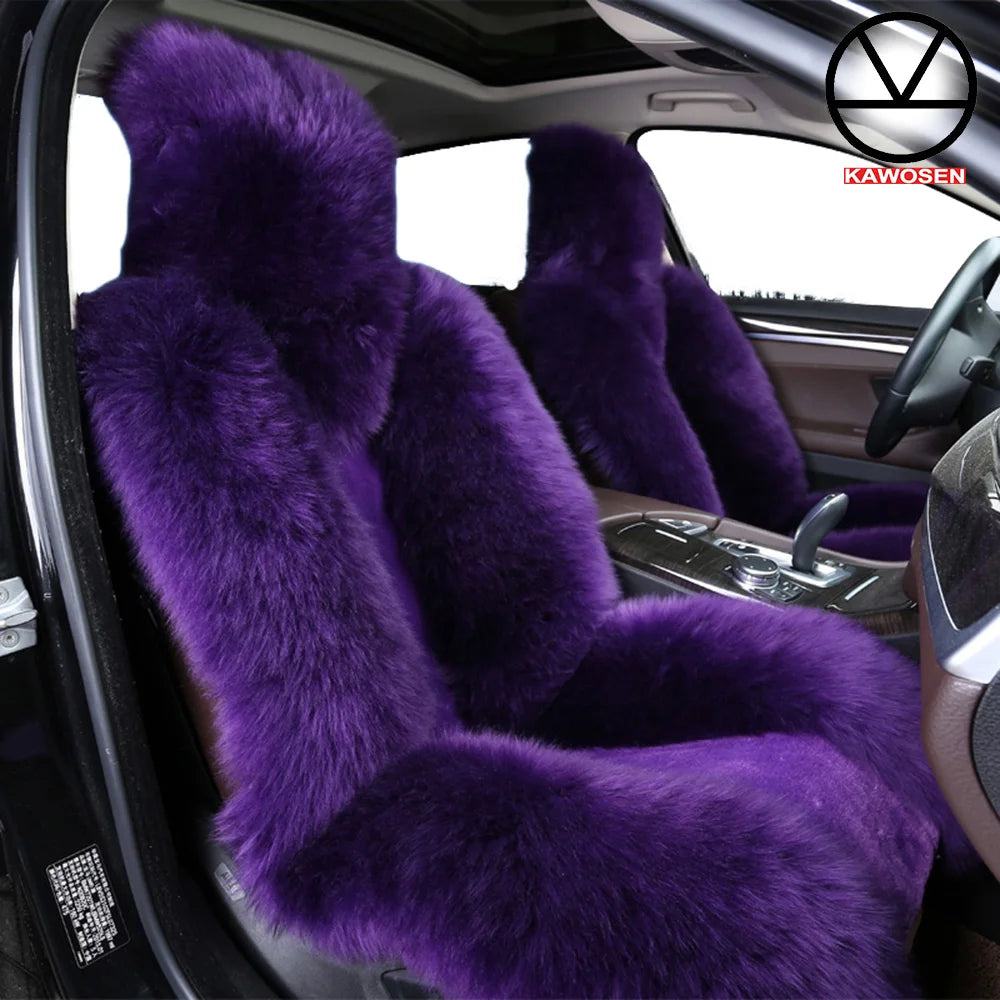 KAWOSEN Universal Wool Seat Covers for Cars for Women Black Natural Sheepskin Plush Car Seat Cover Winter Warm  Car Decoration
