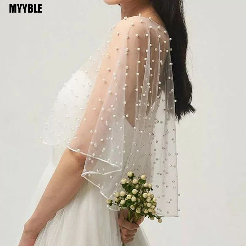 2024 MYYBLE Wedding Accessories Bolero Bridal Cloak Pearls Wedding Cape short front long back Women Wrap Cape Evening Wrap Shawl