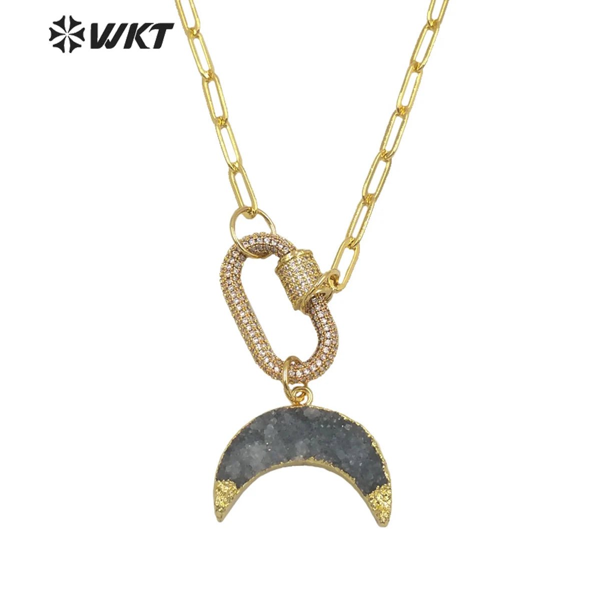 WT-N1302 WKT New Women Natural Druzy Quartz Gold Crescent Horn Pendant Necklace CZ Clasp Connector Stone Fine Jewelry