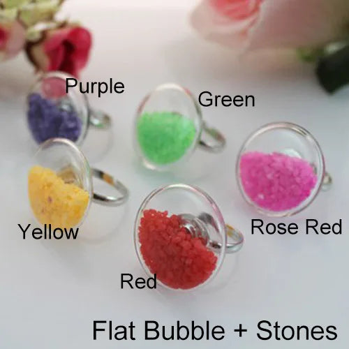 3PCS 27MM Flat Bubble Liquid Rings with Mixed Color Lucky Beads Stuffing Inside Glass Globe Bottle Jewelry