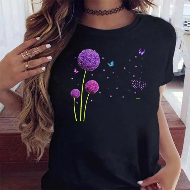 Maycaur Women Graphic Cartoon Dandelion Print T Shirt Short Sleeve Ladies Print Clothes Lady Tees Tops Female Womens T Shirt