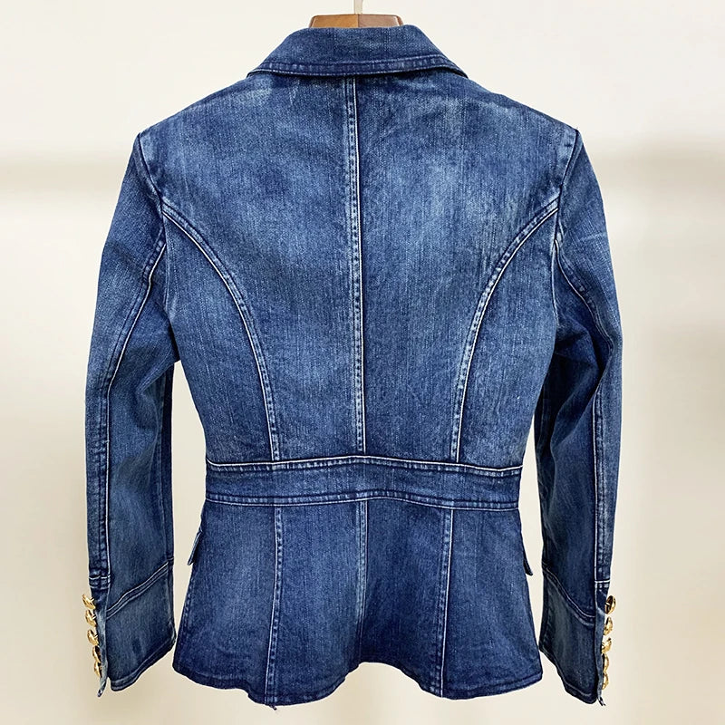 HIGH STREET New Fashion 2024 Designer Blazer Jacket Women's Metal Lion Buttons Double Breasted Denim Blazer Outer Coat