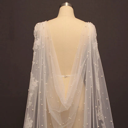 High Quality Pearls Wedding Bolero Lace Long 2.5 Meters Bridal Cape with Lace Edge White Ivory Bride Jacket Wedding Accessories