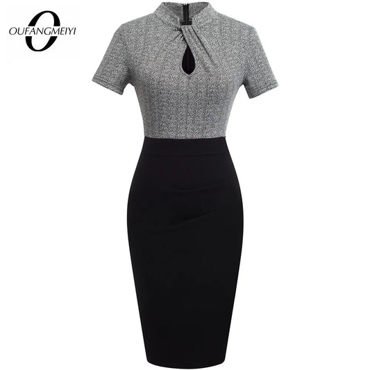 Elegant Work Office Business Drapped Contrasting Bodycon Slim Lady Women Sexy Front Key Hole Summer Pencil Dress EB430