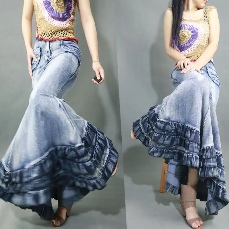 Retro Women Jeans Skirt Curve Beauty Cake Big Swing High Waisted Fishtail Skirts Slim Package Hip Mermaid Denim Long Maxi Skirts