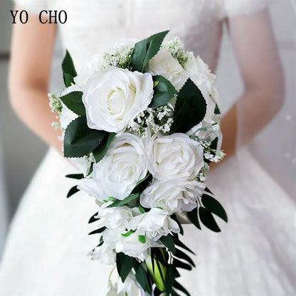 YO CHO Silk Rose Wedding Bride Bouquet Hand Hold Flower Decoration Holiday Party Supply European Waterfall Roses Wedding Bouquet