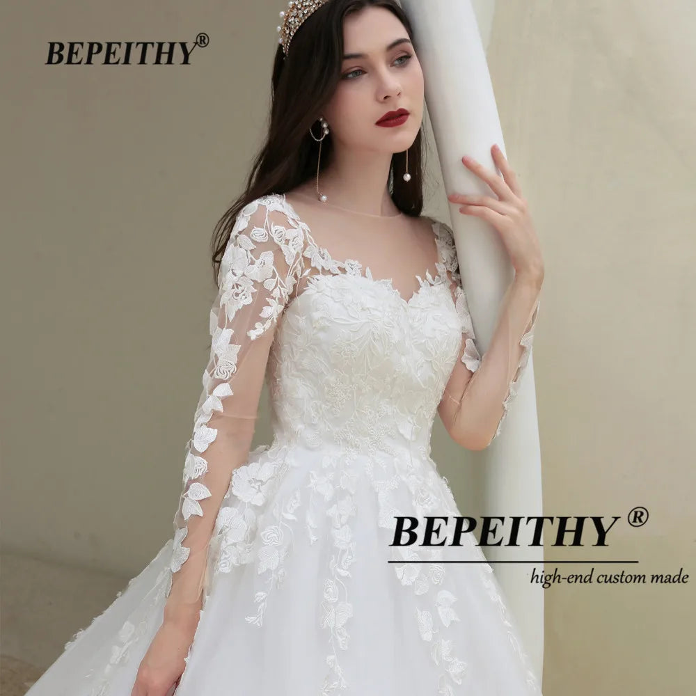 BEPEITHY Lace Romantic Wedding Gowns For Women Long Sleeves France India Bride Princess Bridal Dresses 2022 Vestidos De Novia