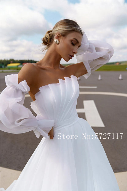 Strapless Ruched Bodice Ball Gowns 2080 Organza Wedding Dress with Detachable Long Sleeves Empire Bridal Gowns