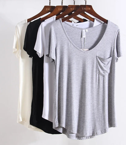 HanOrange Modal Pocket Summer Short Sleeve Loose Women V-neck Pure Color Soft T-shirt  Black/Gray/White/Beige