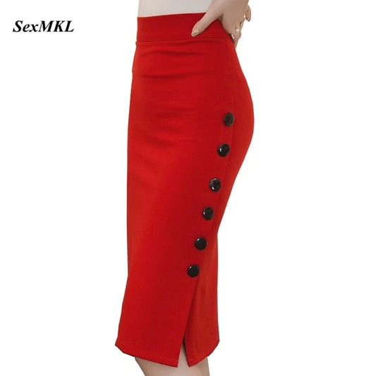 Oversized 2023 Fashion Women Work Midi Skirt OL Sexy Open Slit Button Slim Pencil Skirt Elegant Office Ladies Skirts Red Black