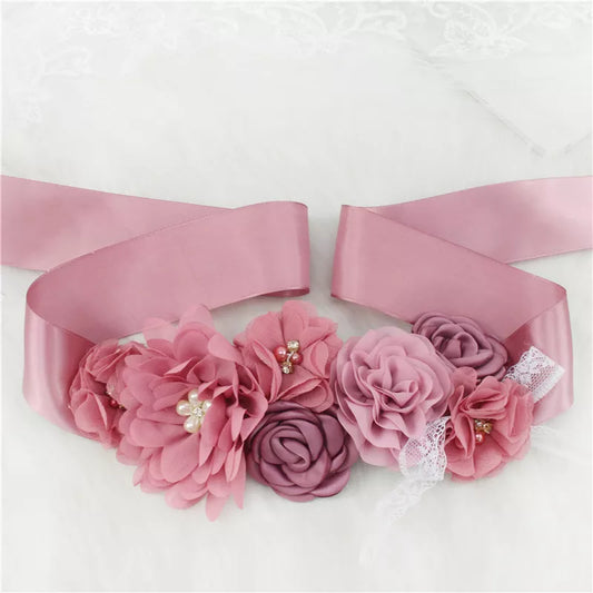 Pink White Blue Purple Fashion Flower Wedding Belts Pearl Bow Wedding Dress Belt Bridal Ribbon Sash Belt Party Bridesmaid Dress