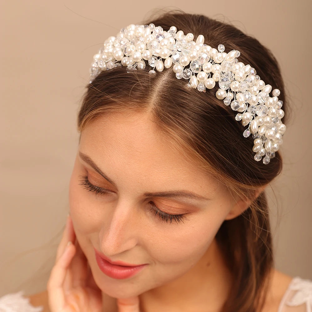 Bridal Tiara Headwear Pearl Crown Princess Wedding Bridal Tiara Pear Crystal headband Wedding Hair Jewelry Bridal Accessories