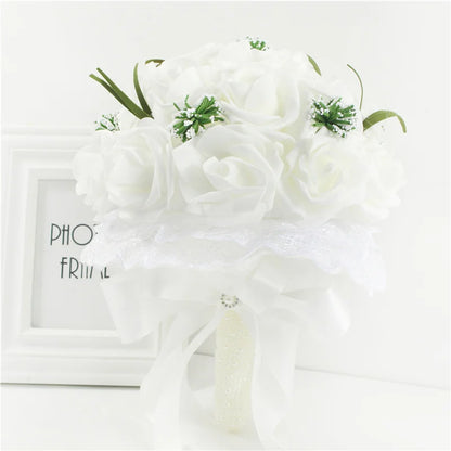 YO CHO Bridal Wedding Bouquet Bridesmaid Artificial PE Rose Flower Fake Pearl Pink Bouquet Wedding Supplies Festival Decorations