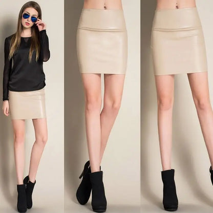 Women Mini Faux Leather Solid Pencil Skirts High Waist PU Skirts Slim Short Skirt Bottoms Female