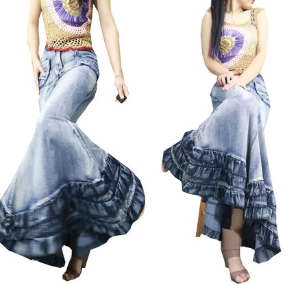 Retro Women Jeans Skirt Curve Beauty Cake Big Swing High Waisted Fishtail Skirts Slim Package Hip Mermaid Denim Long Maxi Skirts